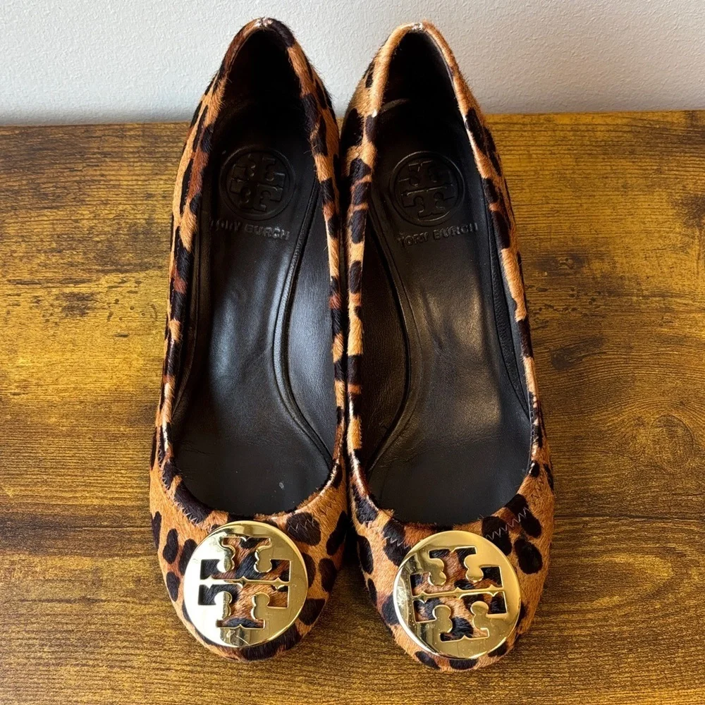 Tory Burch Animal Print wedges with Gold Emblem